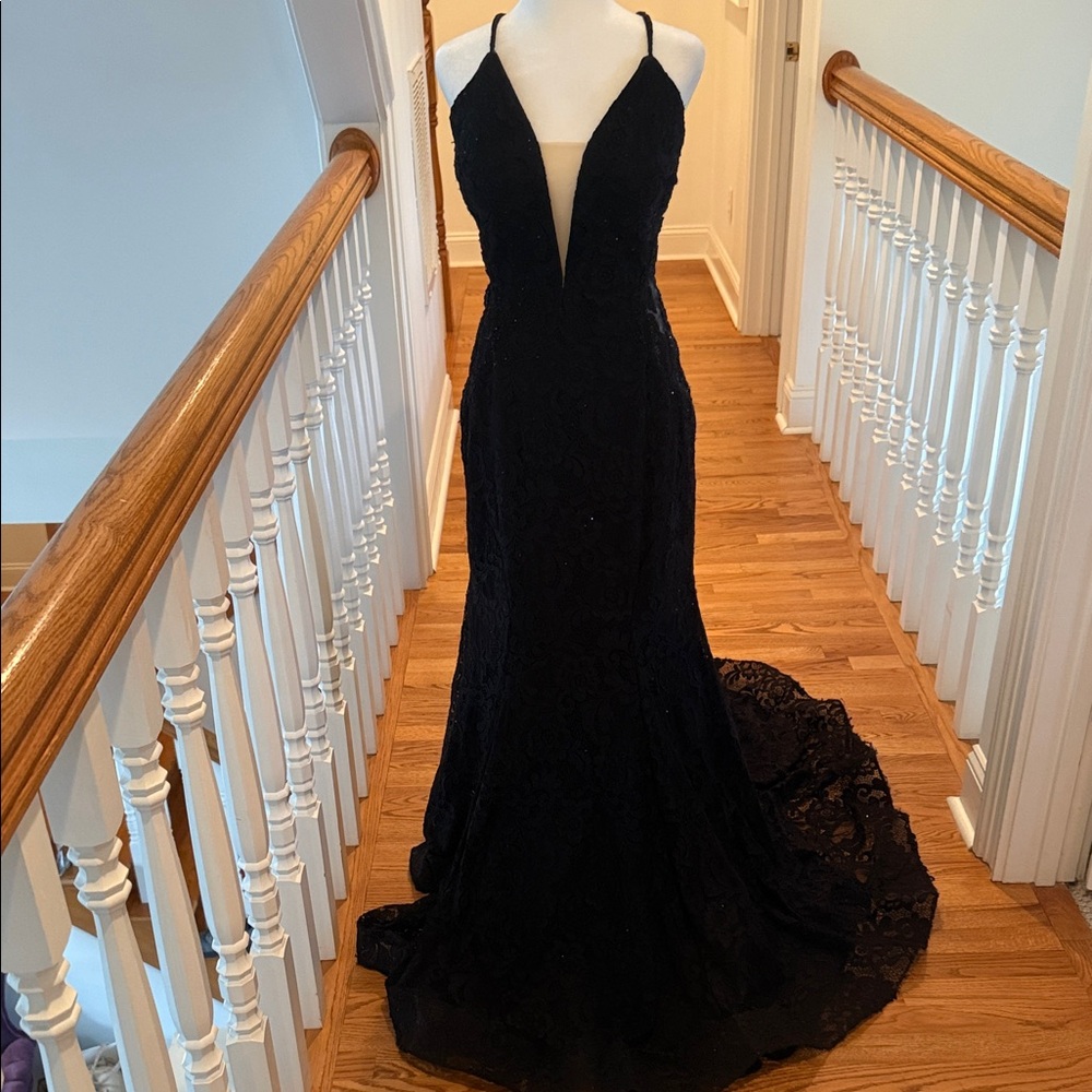 Black Lace Plunge Mermaid Gown Amazing Price